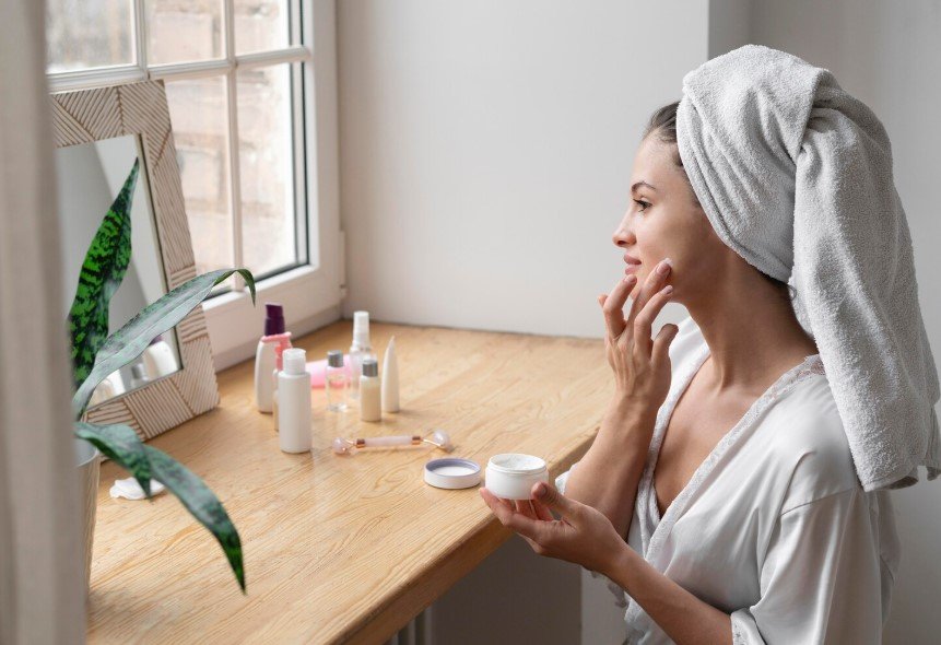 simple skincare routine for oily skin laid out on a vanity
