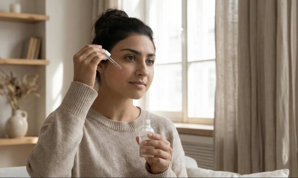 Woman applying serum as part of a dark spot skincare routine